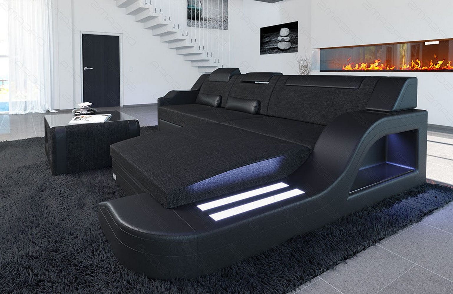 Stoffcouch Materialmix Palermo L-Form LED Schwarz-Schwarz
