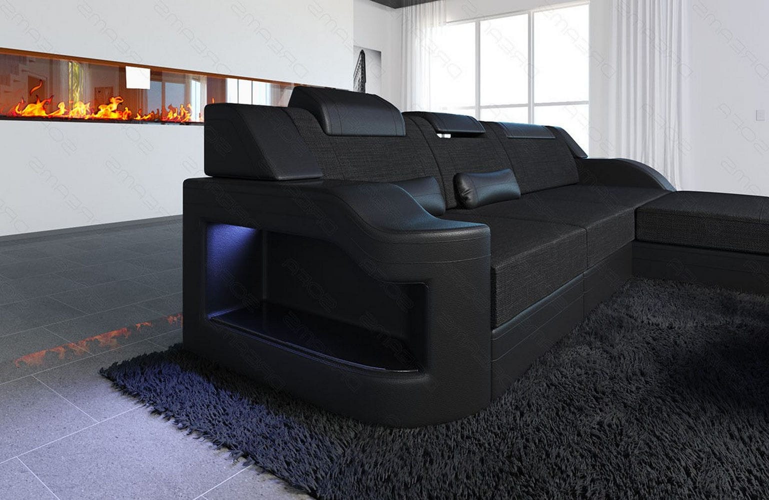 Stoffcouch Materialmix Palermo L-Form LED Schwarz-Schwarz