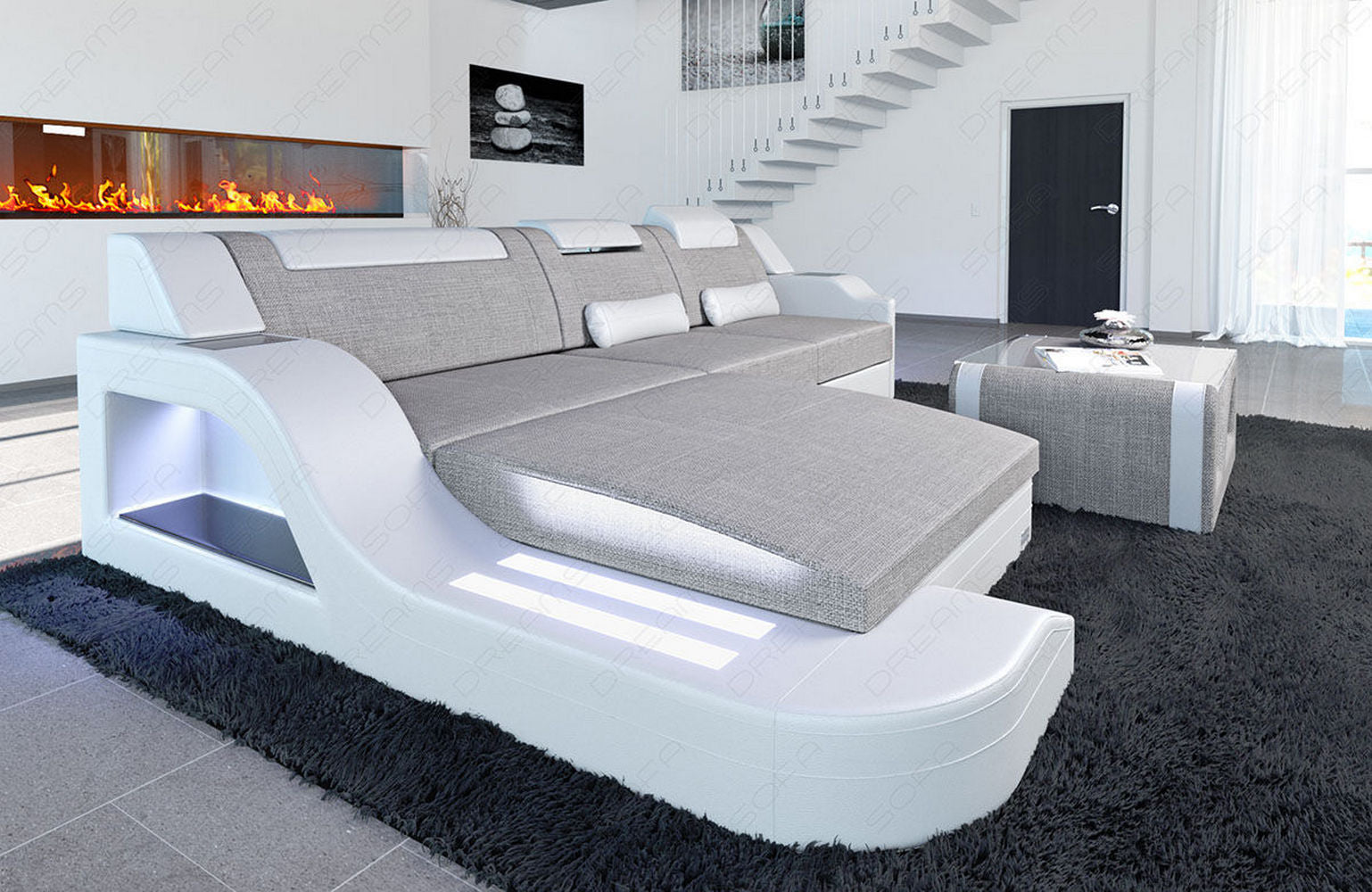 Stoffcouch Materialmix Palermo L-Form LED