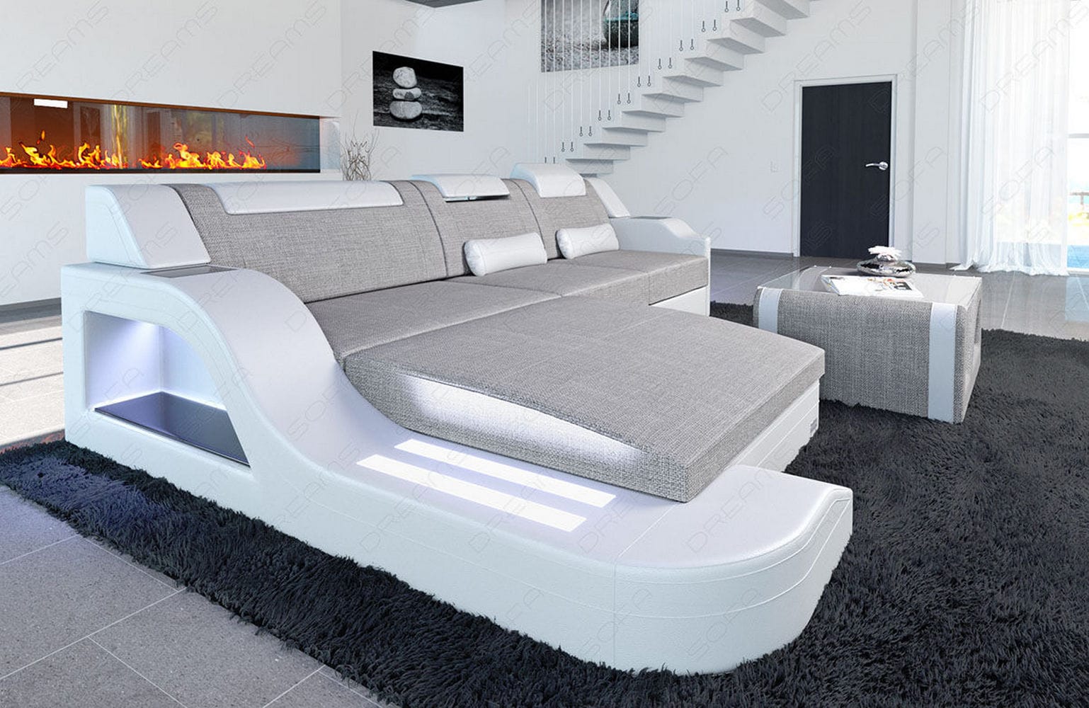 Stoffcouch Materialmix Palermo L-Form LED Macchiato-Weiß