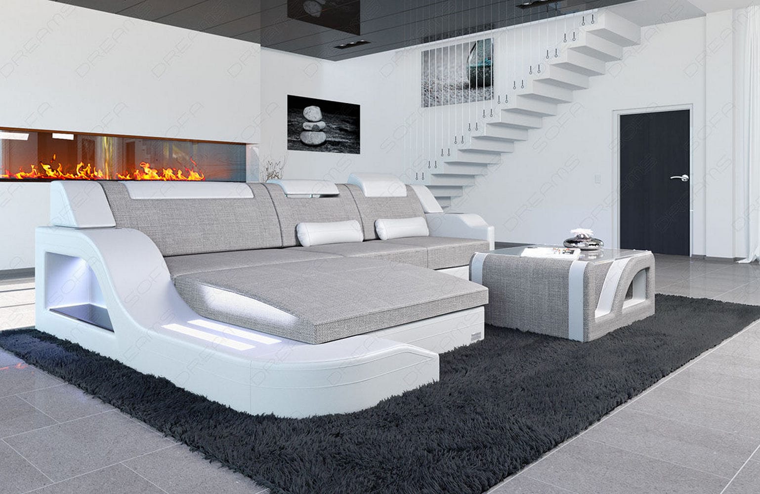 Stoffcouch Materialmix Palermo L-Form LED Macchiato-Weiß