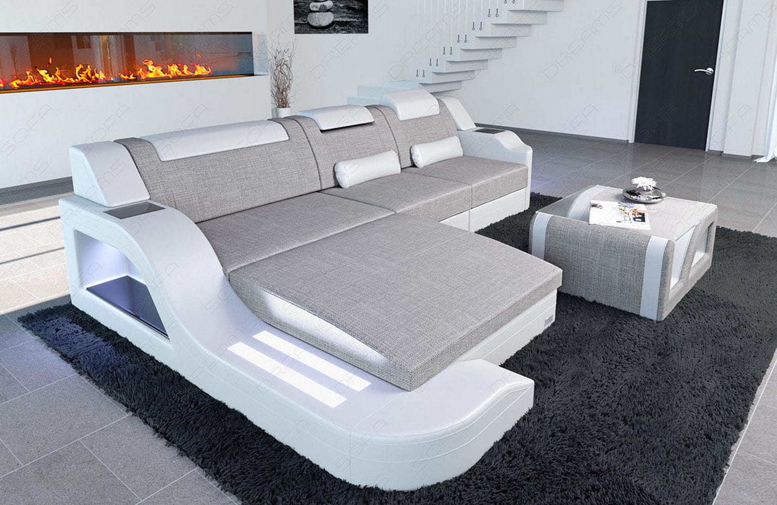 Stoffcouch Materialmix Palermo L-Form LED Macchiato-Weiß