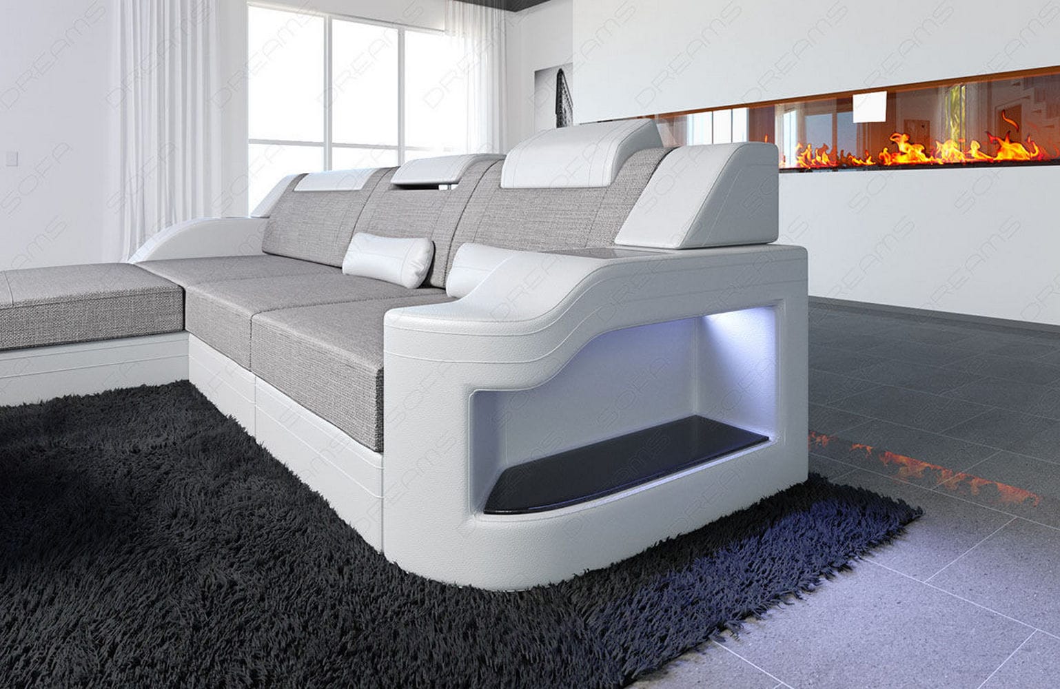 Stoffcouch Materialmix Palermo L-Form LED Macchiato-Weiß