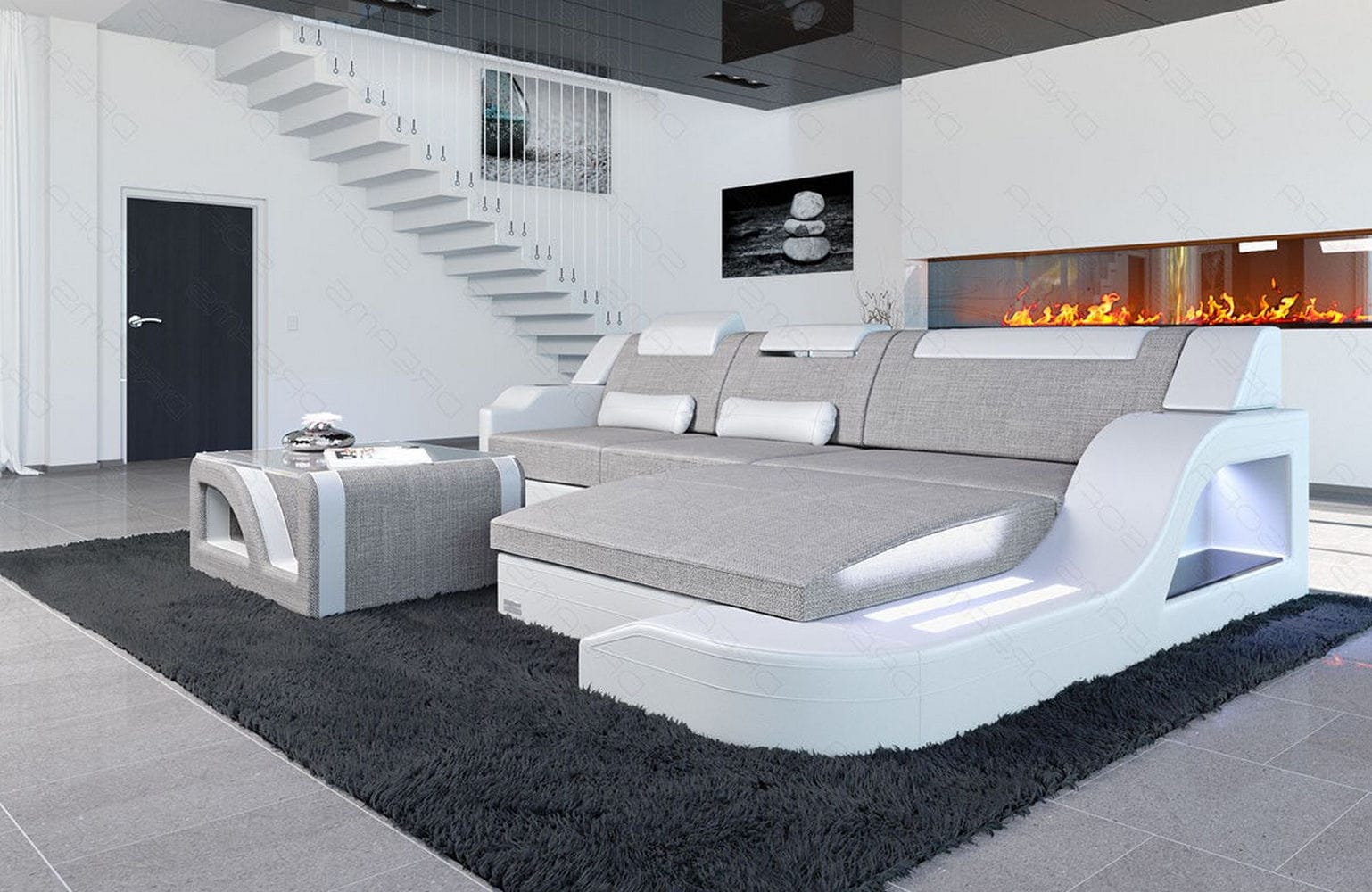 Stoffcouch Materialmix Palermo L-Form LED Macchiato-Weiß