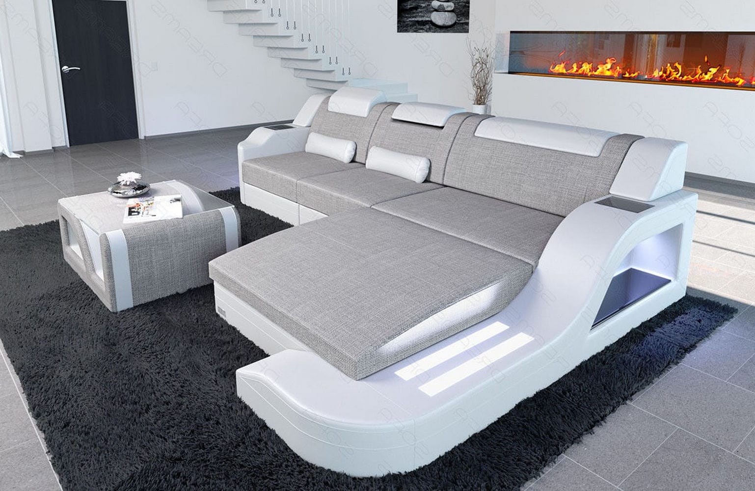Stoffcouch Materialmix Palermo L-Form LED Macchiato-Weiß