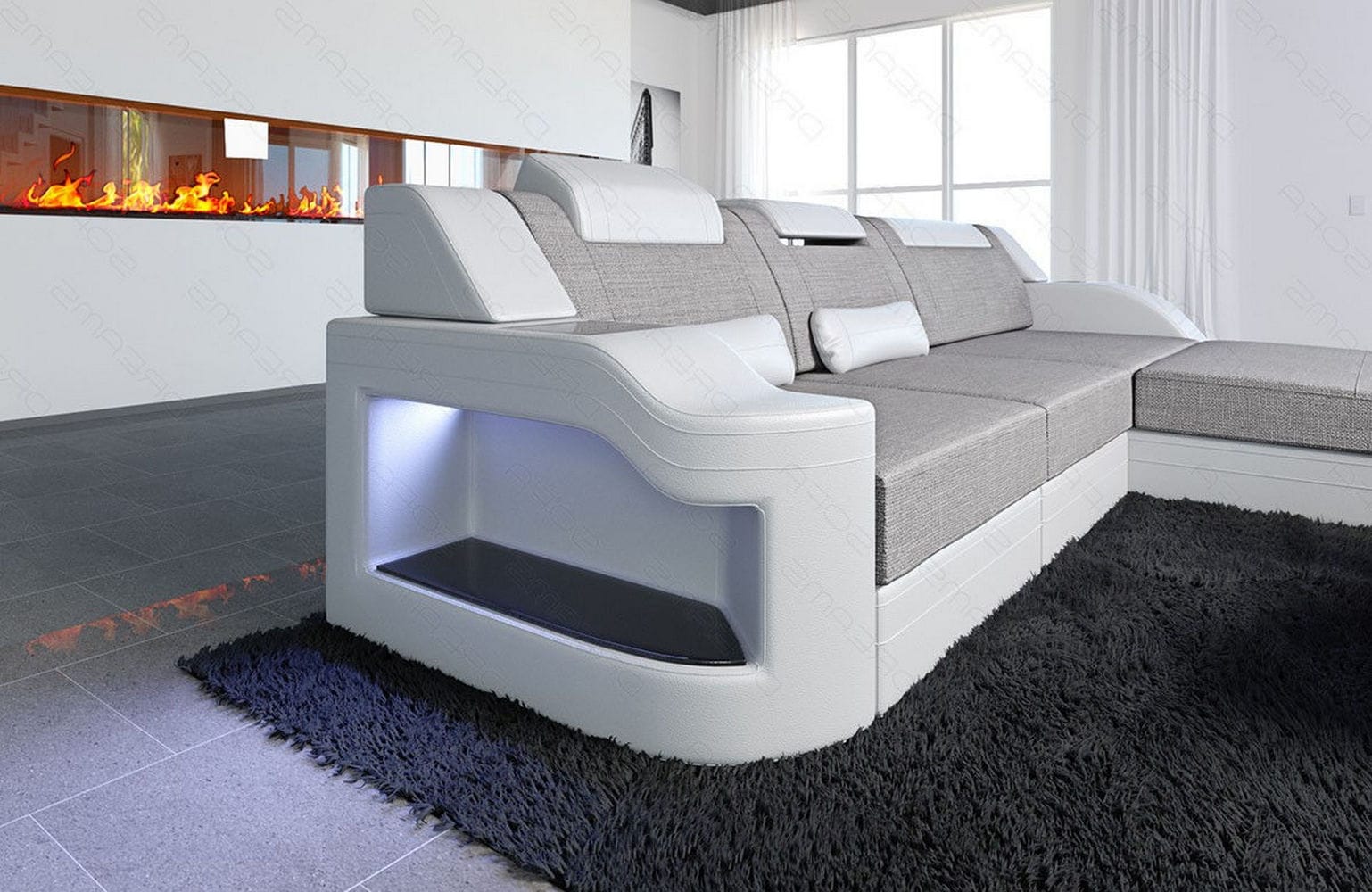 Stoffcouch Materialmix Palermo L-Form LED Macchiato-Weiß