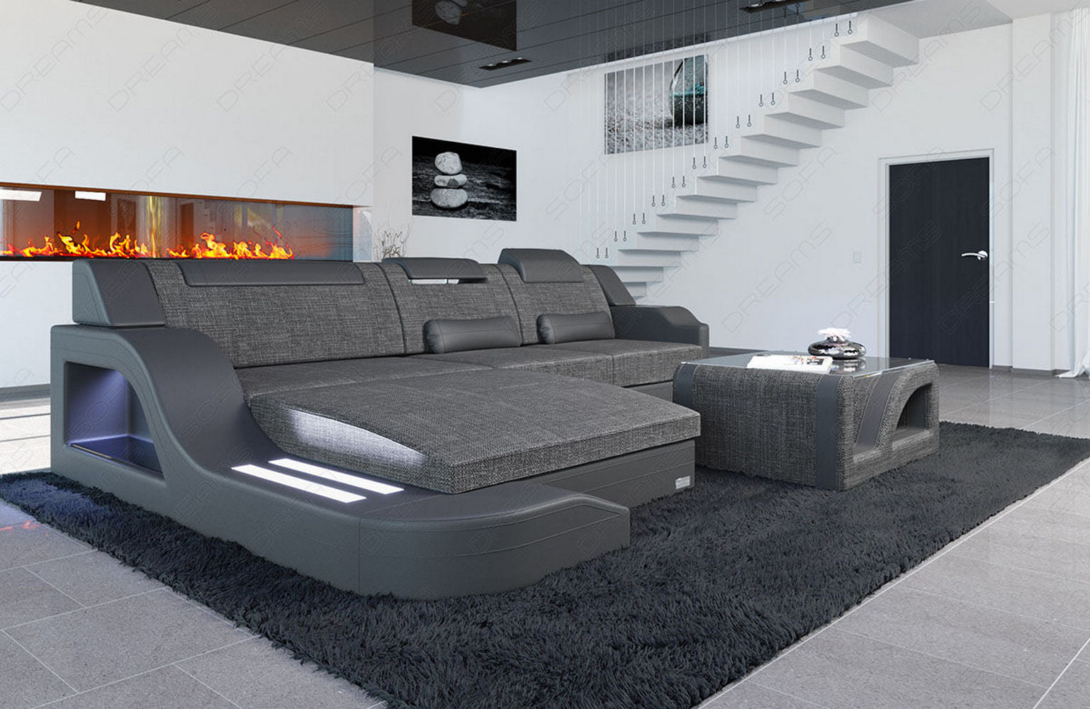 Stoffcouch Materialmix Palermo L-Form LED
