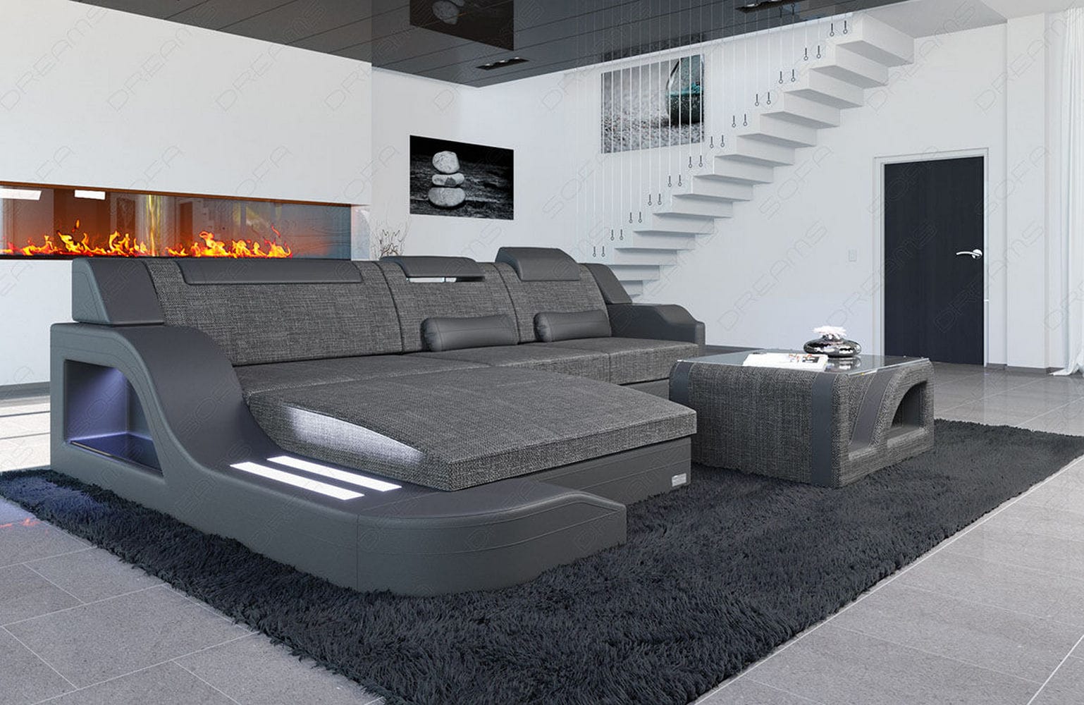 Stoffcouch Materialmix Palermo L-Form LED Grau-Schwarz