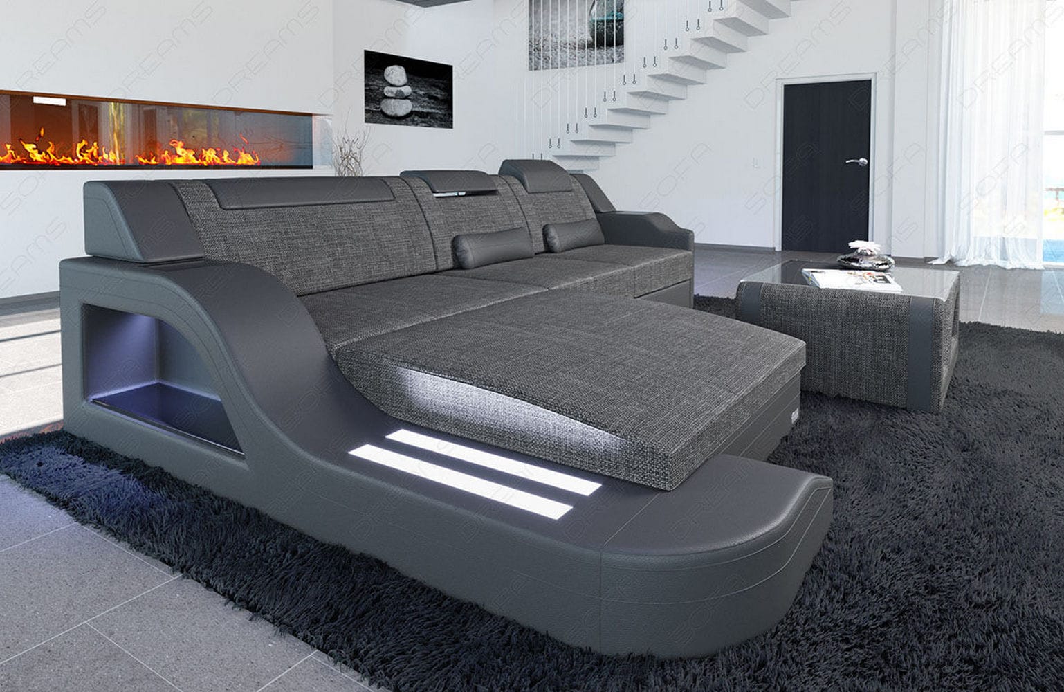 Stoffcouch Materialmix Palermo L-Form LED Grau-Schwarz