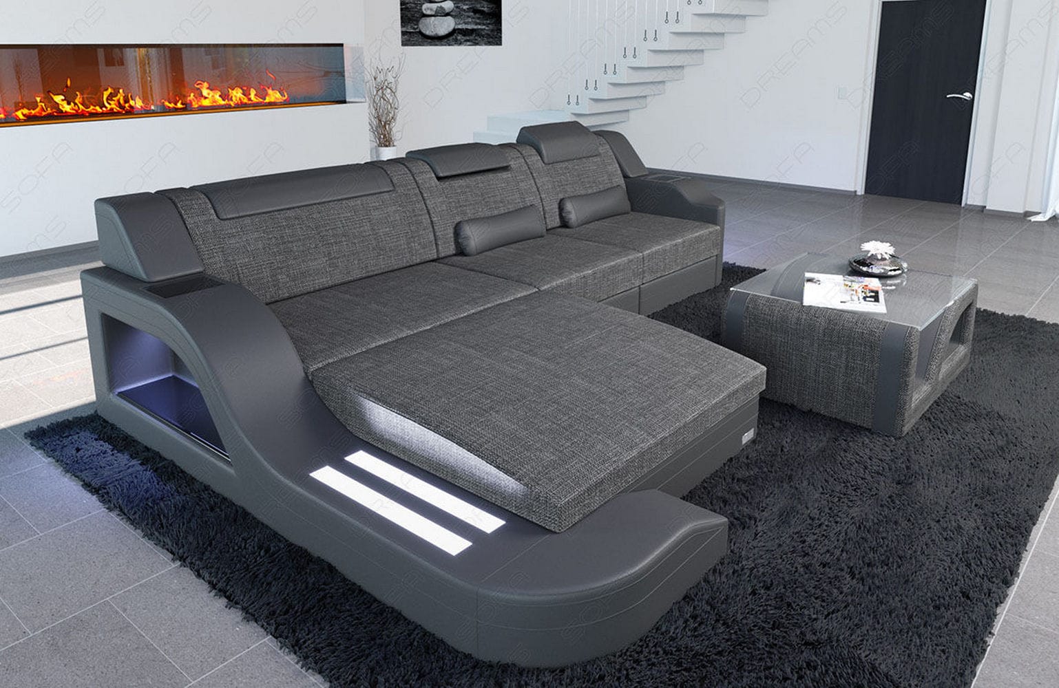 Stoffcouch Materialmix Palermo L-Form LED Grau-Schwarz