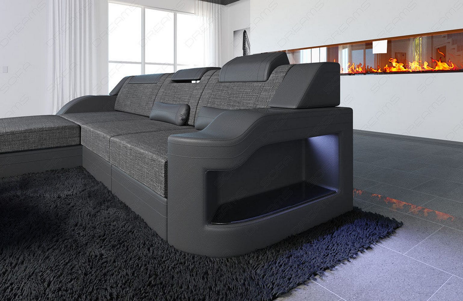 Stoffcouch Materialmix Palermo L-Form LED Grau-Schwarz