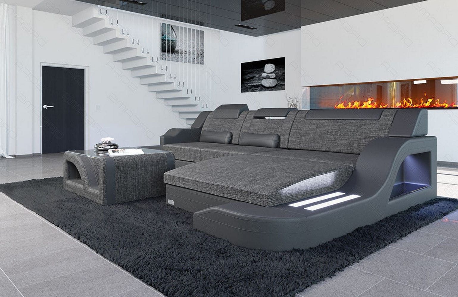 Stoffcouch Materialmix Palermo L-Form LED Grau-Schwarz