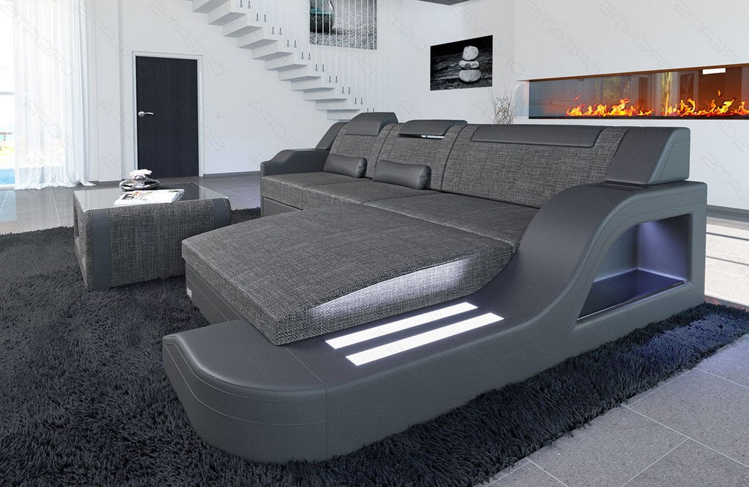 Stoffcouch Materialmix Palermo L-Form LED Grau-Schwarz