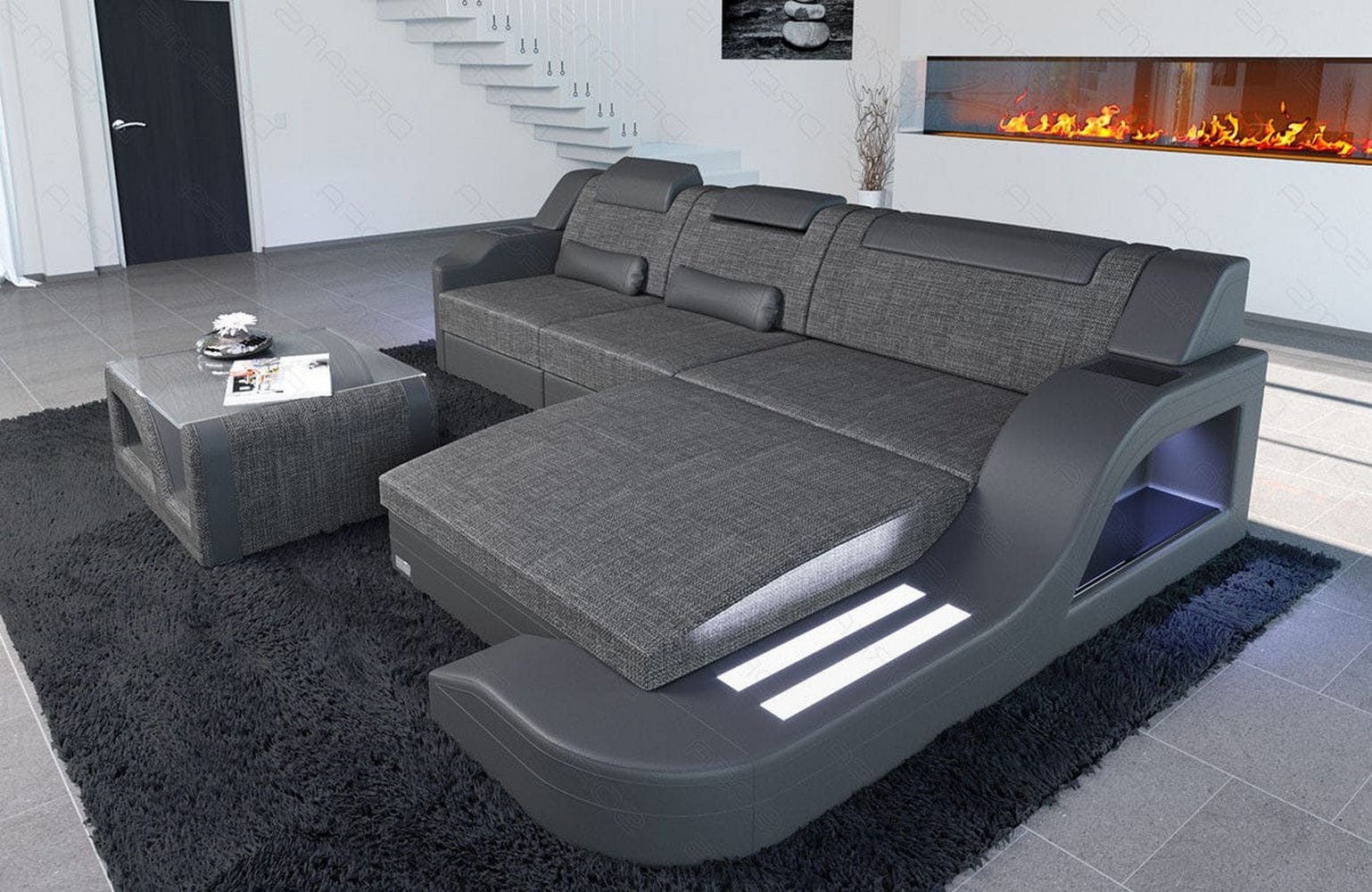 Stoffcouch Materialmix Palermo L-Form LED Grau-Schwarz