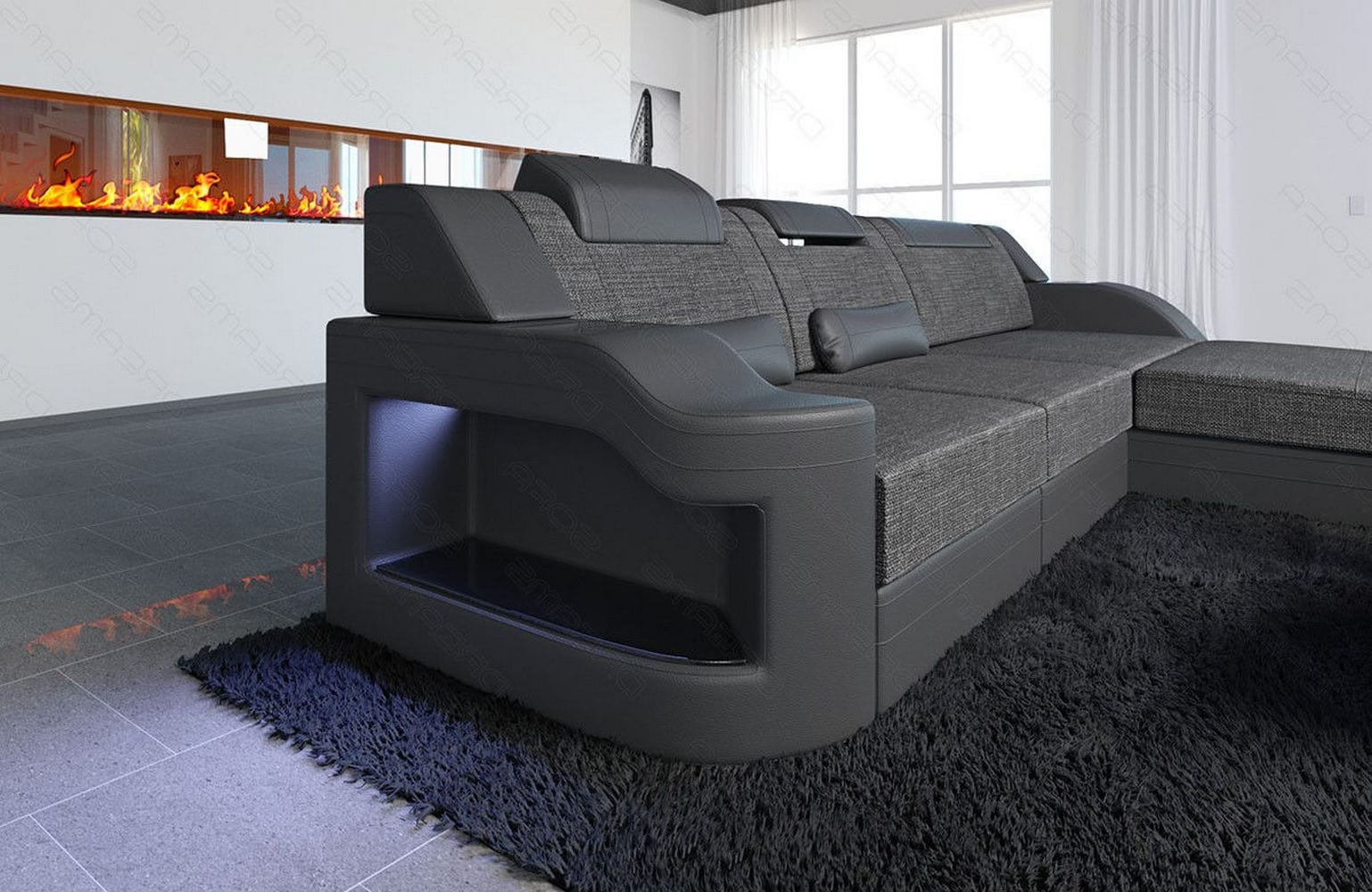 Stoffcouch Materialmix Palermo L-Form LED Grau-Schwarz
