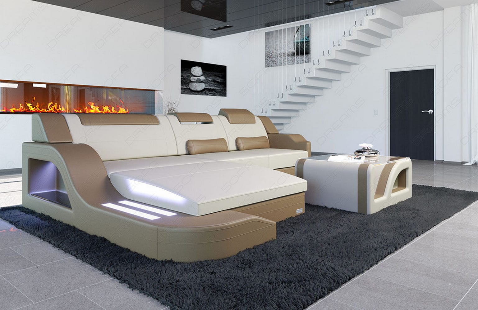 Stoffcouch Materialmix Palermo L-Form LED Elfenbein-Sandbeige