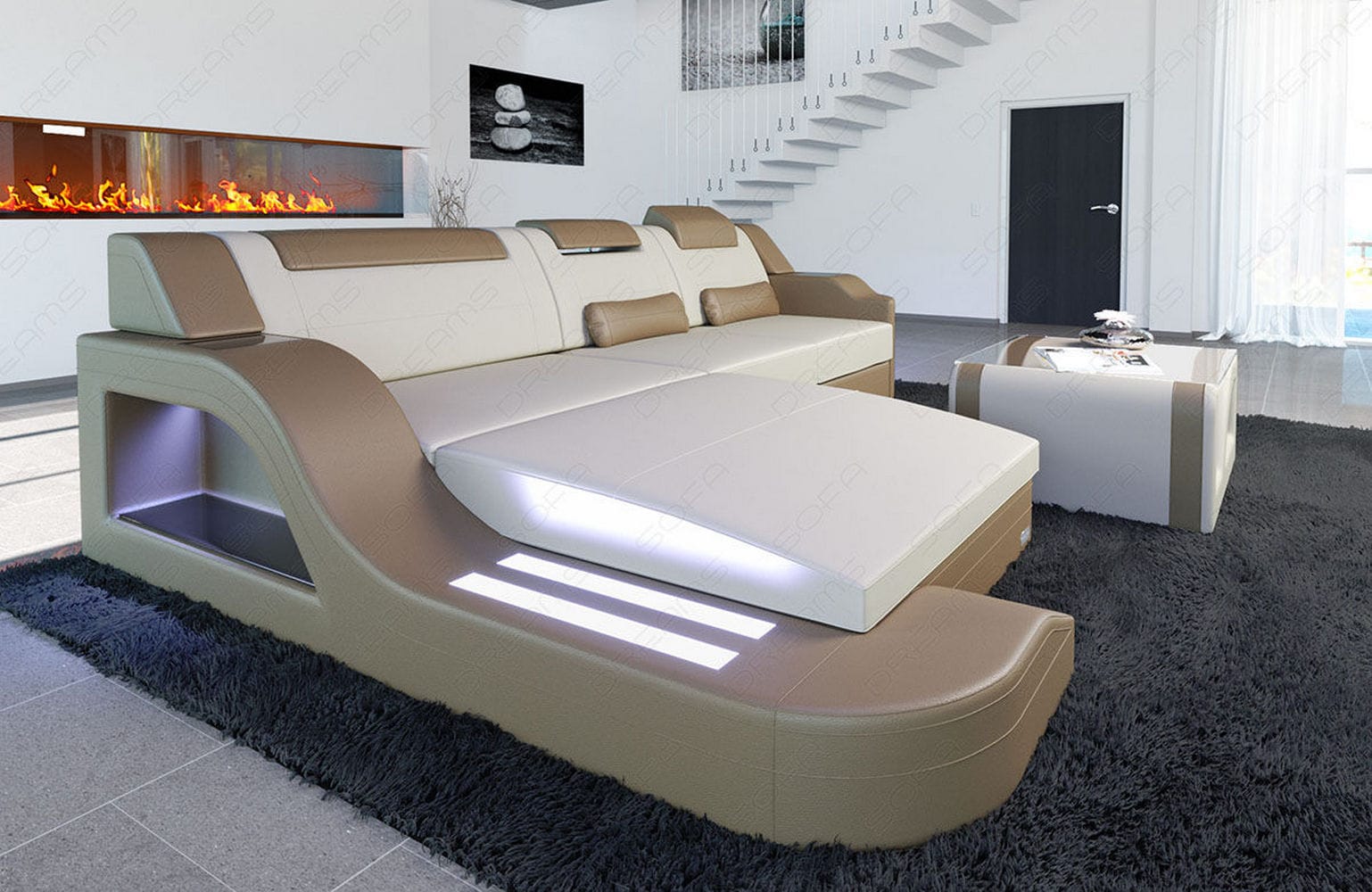 Stoffcouch Materialmix Palermo L-Form LED Elfenbein-Sandbeige