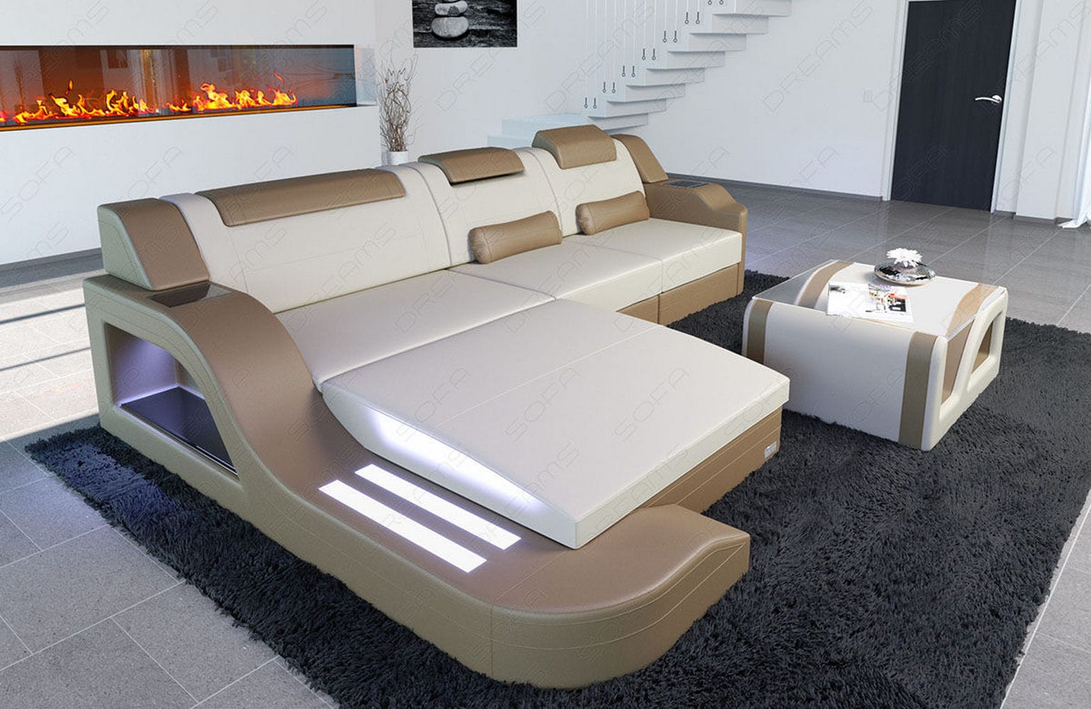 Stoffcouch Materialmix Palermo L-Form LED Elfenbein-Sandbeige