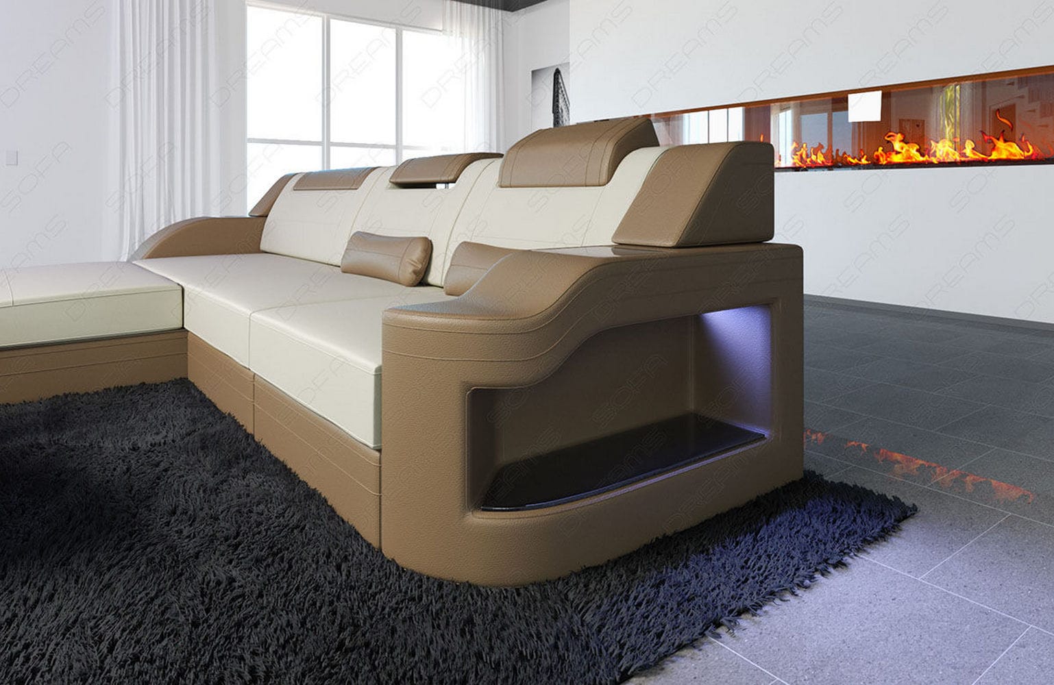 Stoffcouch Materialmix Palermo L-Form LED Elfenbein-Sandbeige