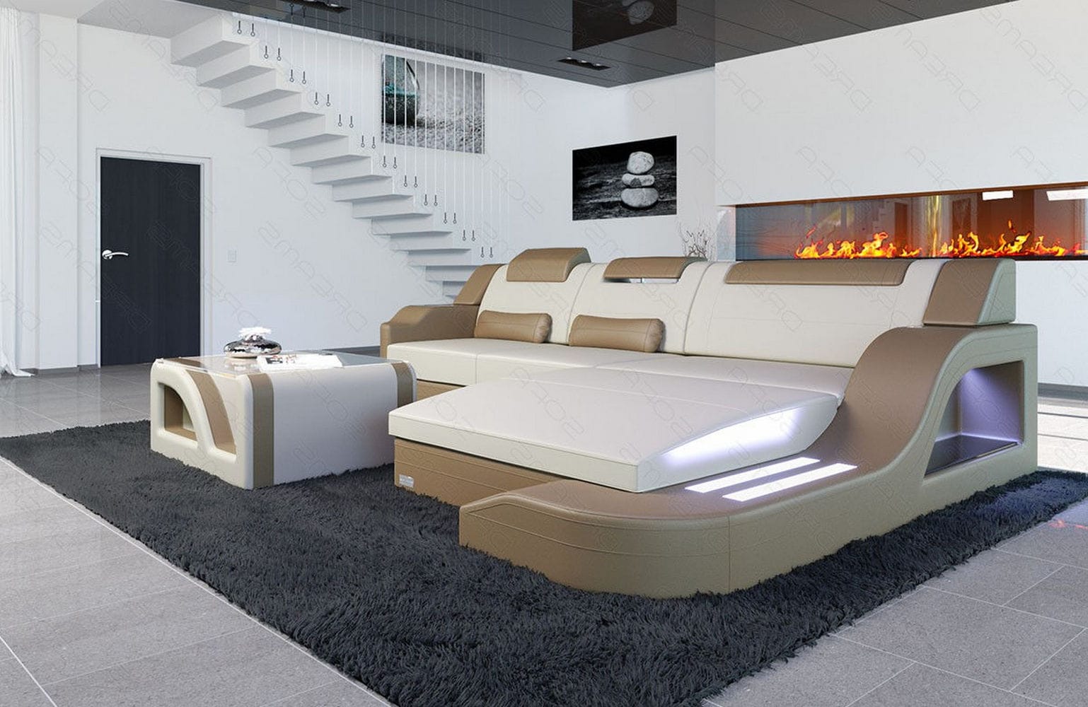 Stoffcouch Materialmix Palermo L-Form LED Elfenbein-Sandbeige