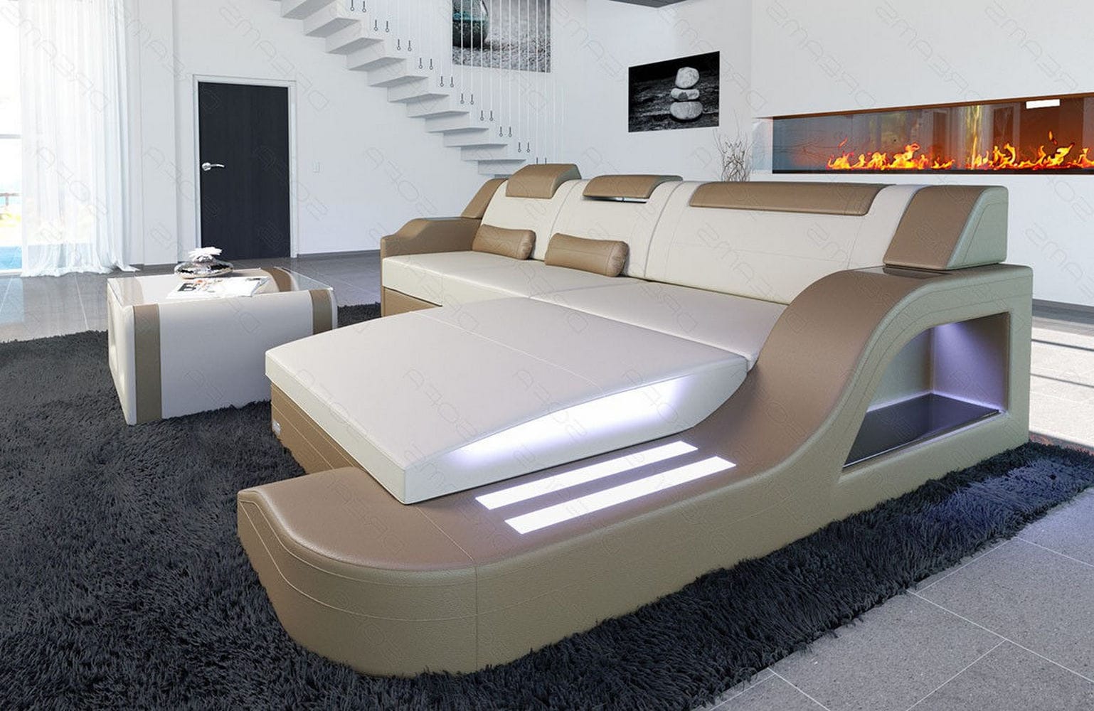 Stoffcouch Materialmix Palermo L-Form LED Elfenbein-Sandbeige