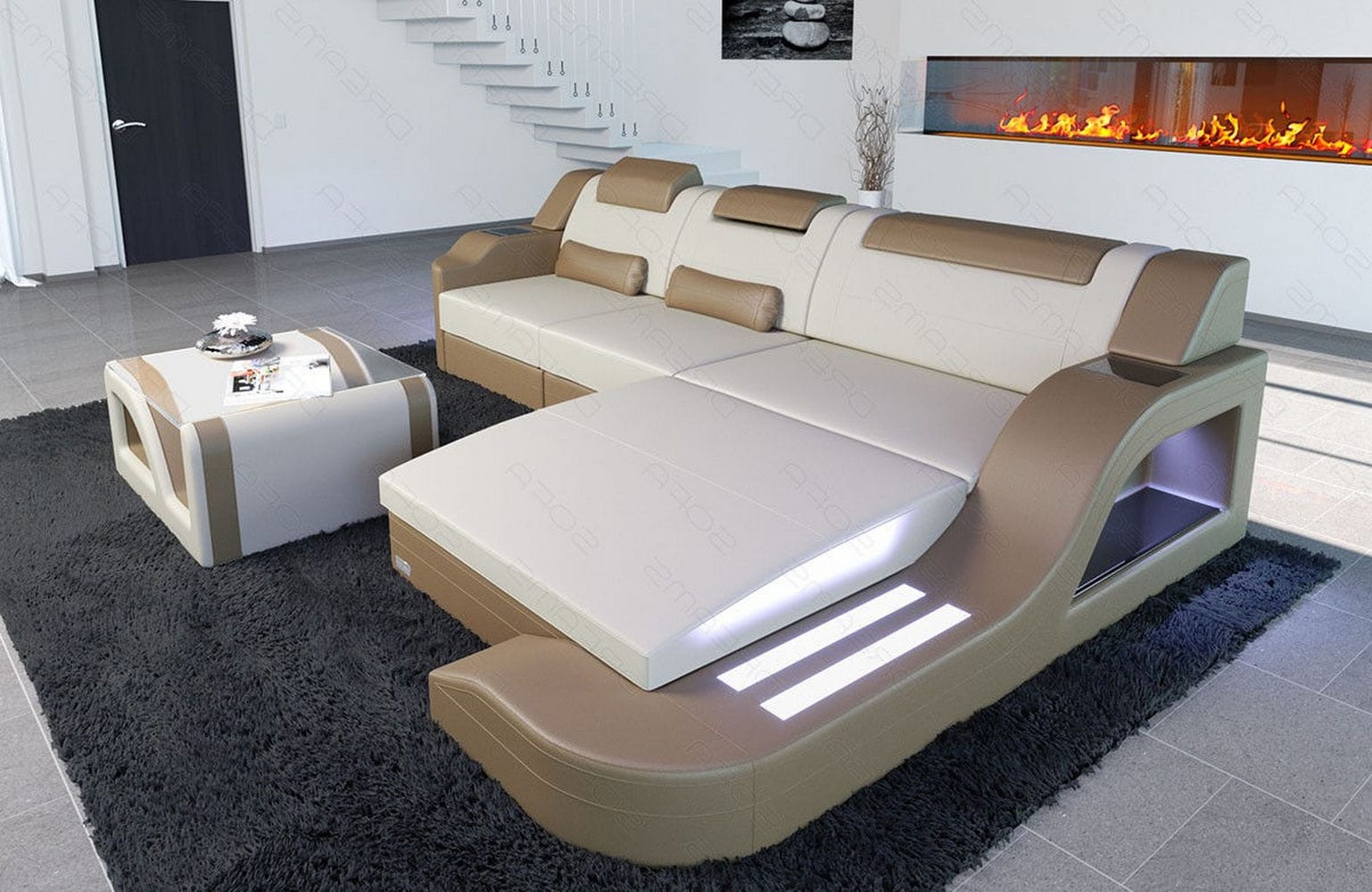 Stoffcouch Materialmix Palermo L-Form LED Elfenbein-Sandbeige