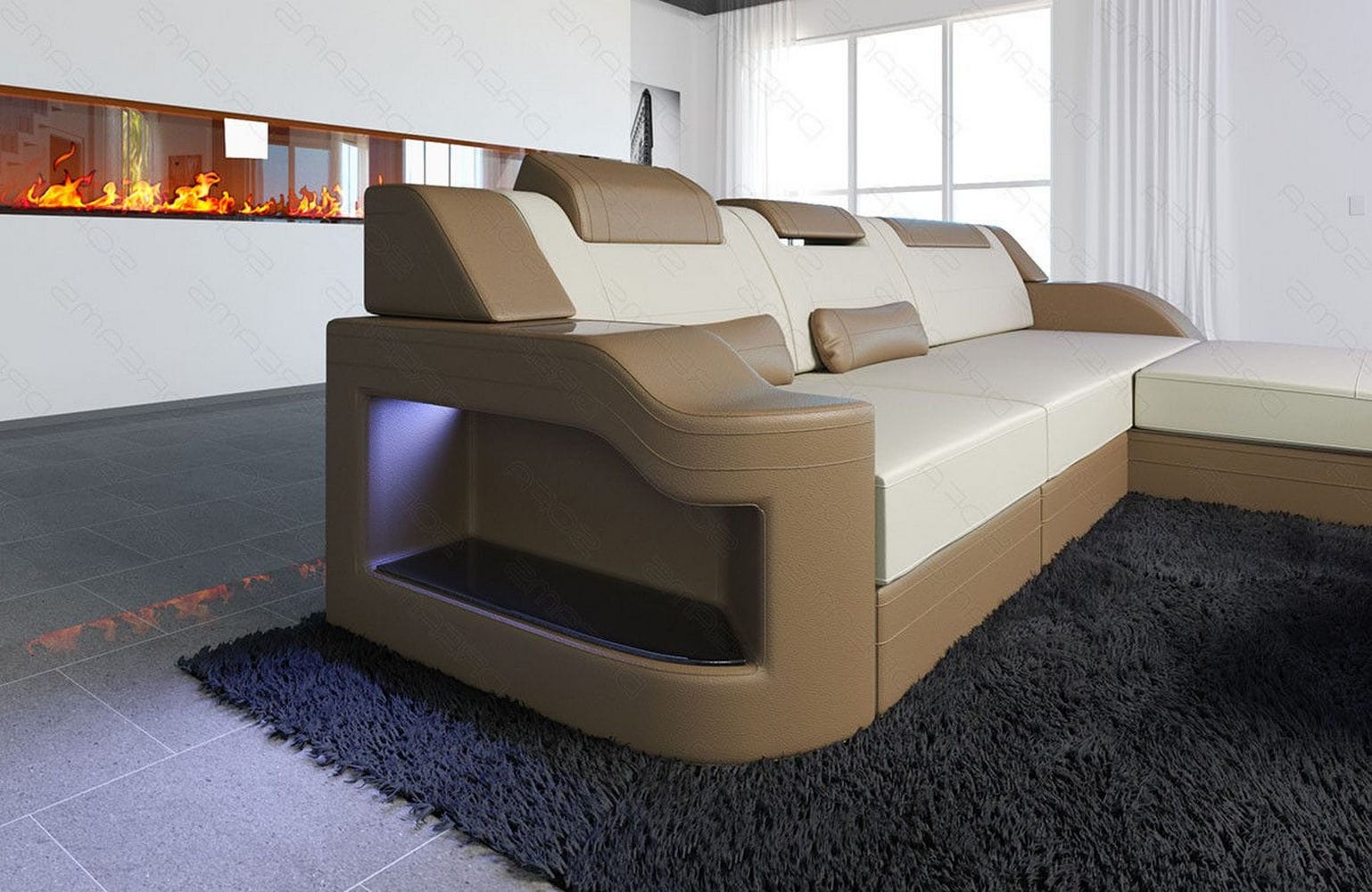 Stoffcouch Materialmix Palermo L-Form LED Elfenbein-Sandbeige