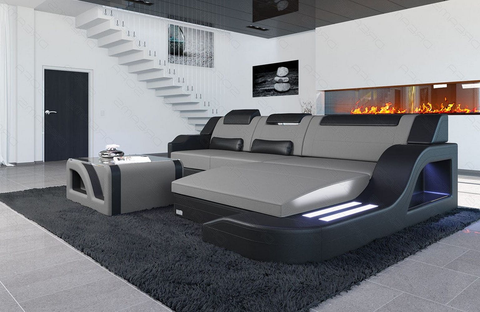 Stoffcouch Materialmix Palermo L-Form LED Hellgrau-Schwarz