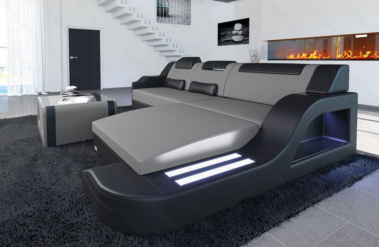 Stoffcouch Materialmix Palermo L-Form LED Hellgrau-Schwarz