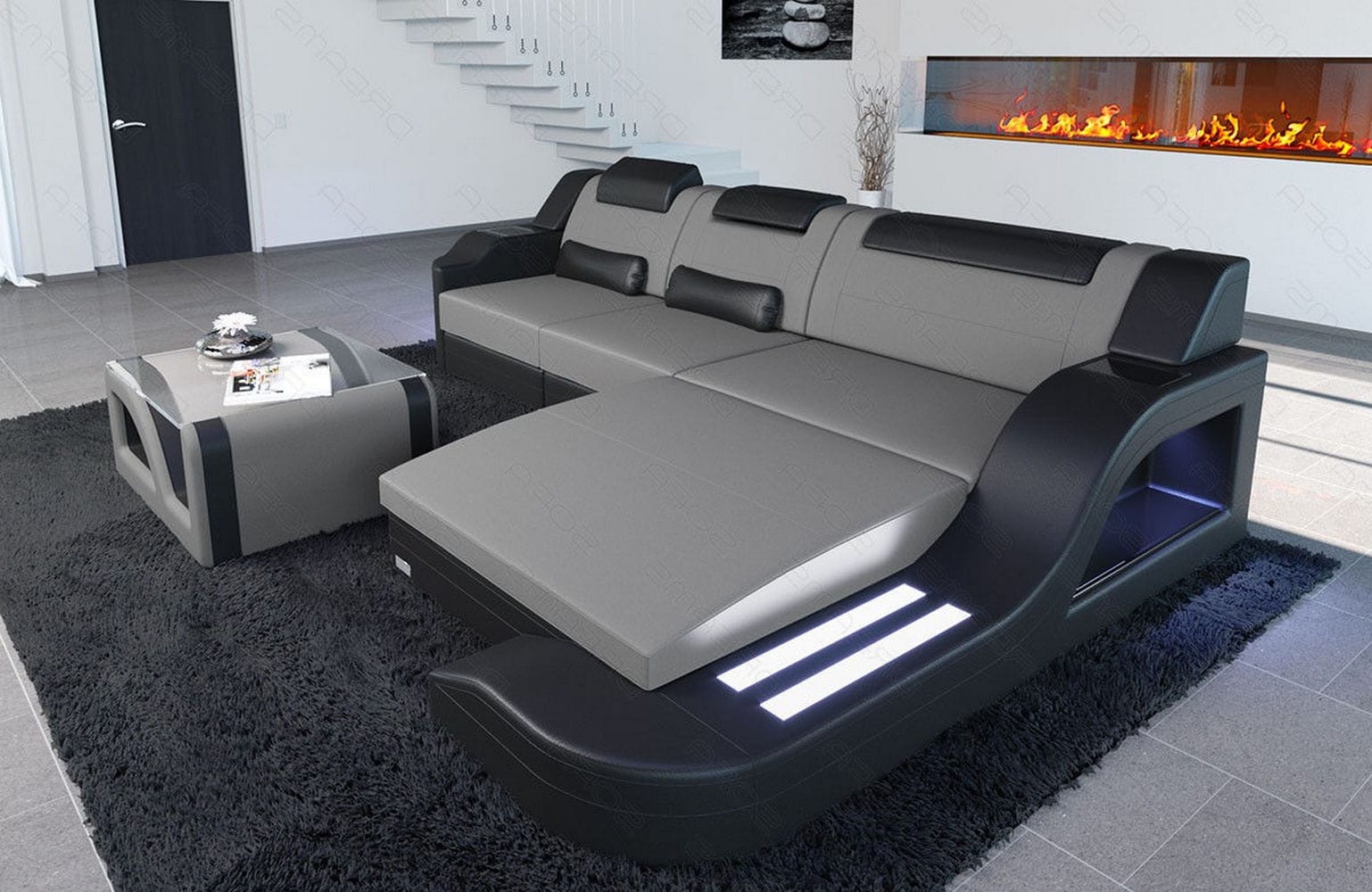 Stoffcouch Materialmix Palermo L-Form LED Hellgrau-Schwarz