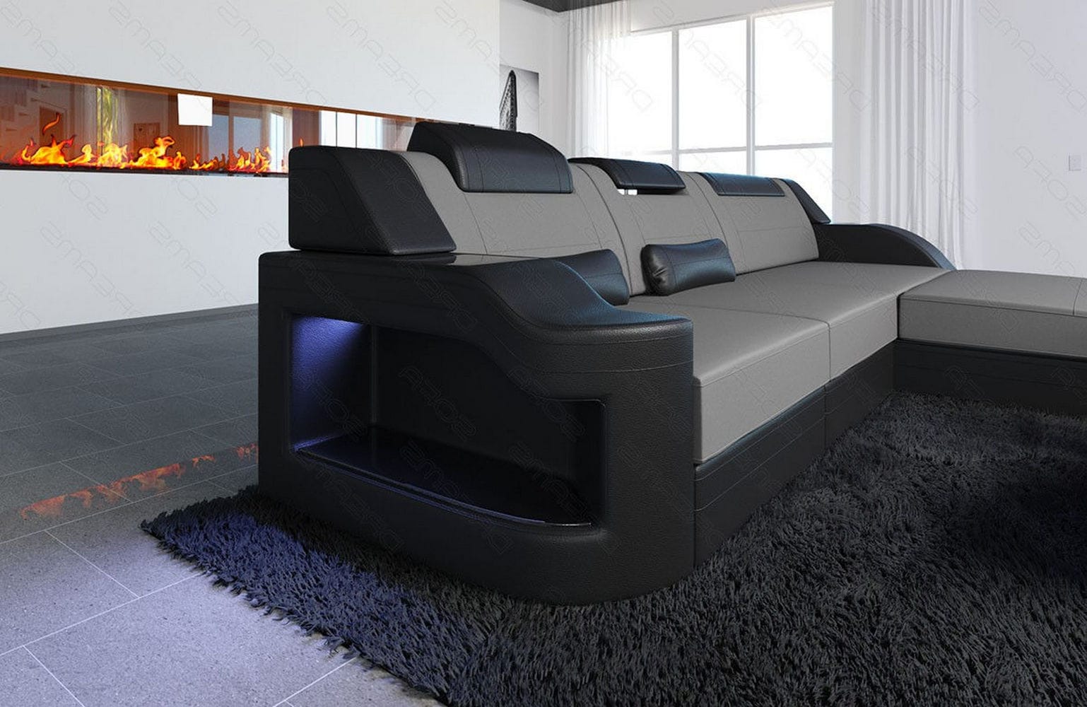 Stoffcouch Materialmix Palermo L-Form LED Hellgrau-Schwarz