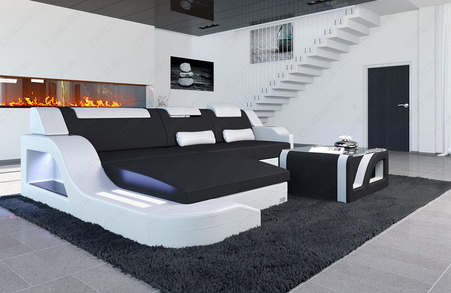 Stoffcouch Materialmix Palermo L-Form LED Schwarz-Weiß