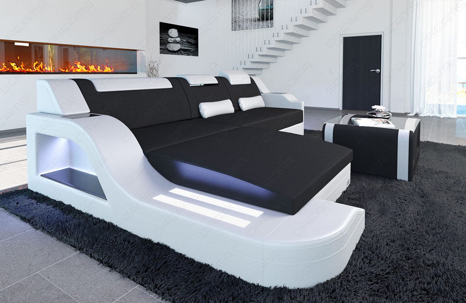 Stoffcouch Materialmix Palermo L-Form LED Schwarz-Weiß