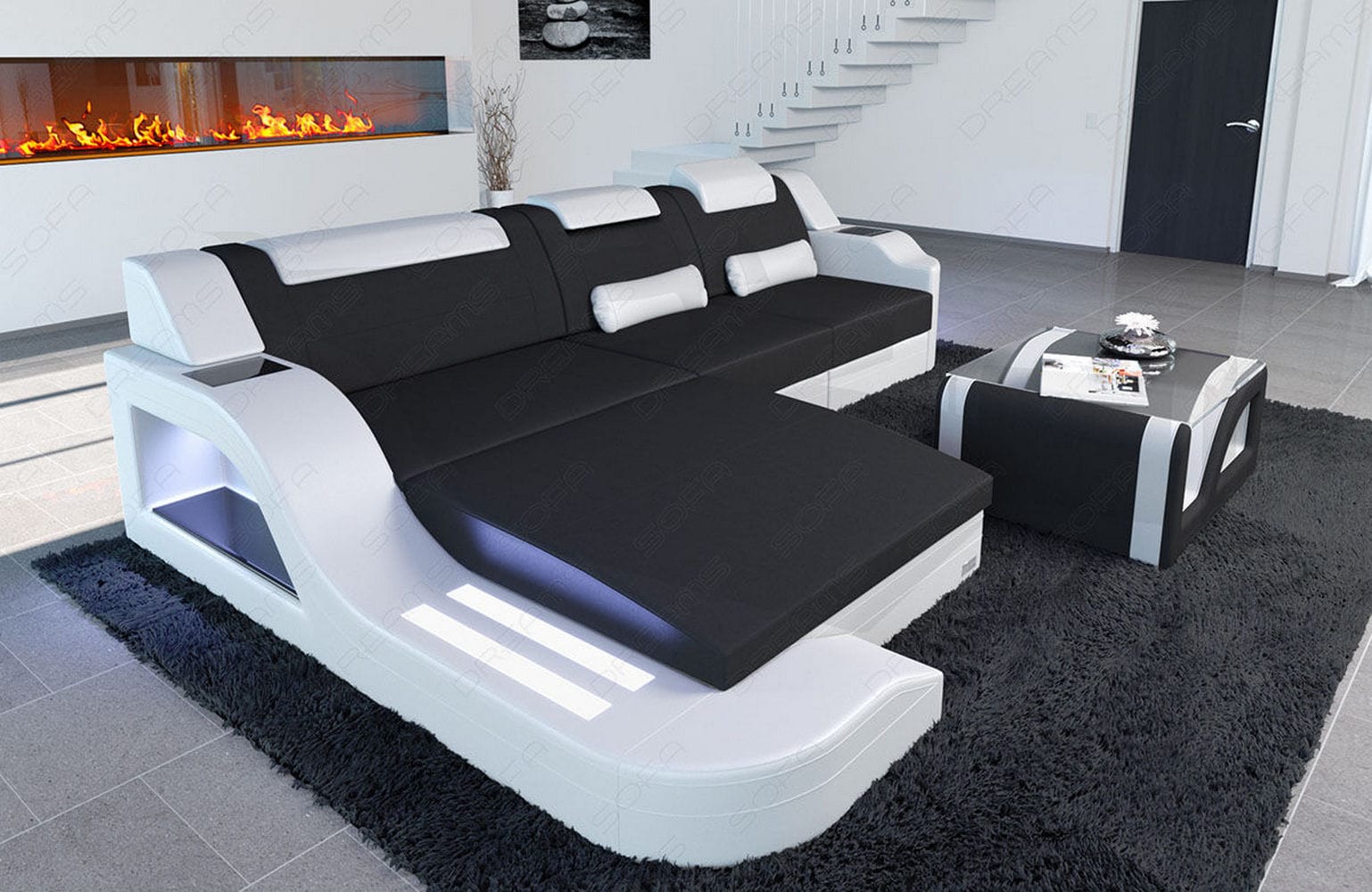 Stoffcouch Materialmix Palermo L-Form LED Schwarz-Weiß