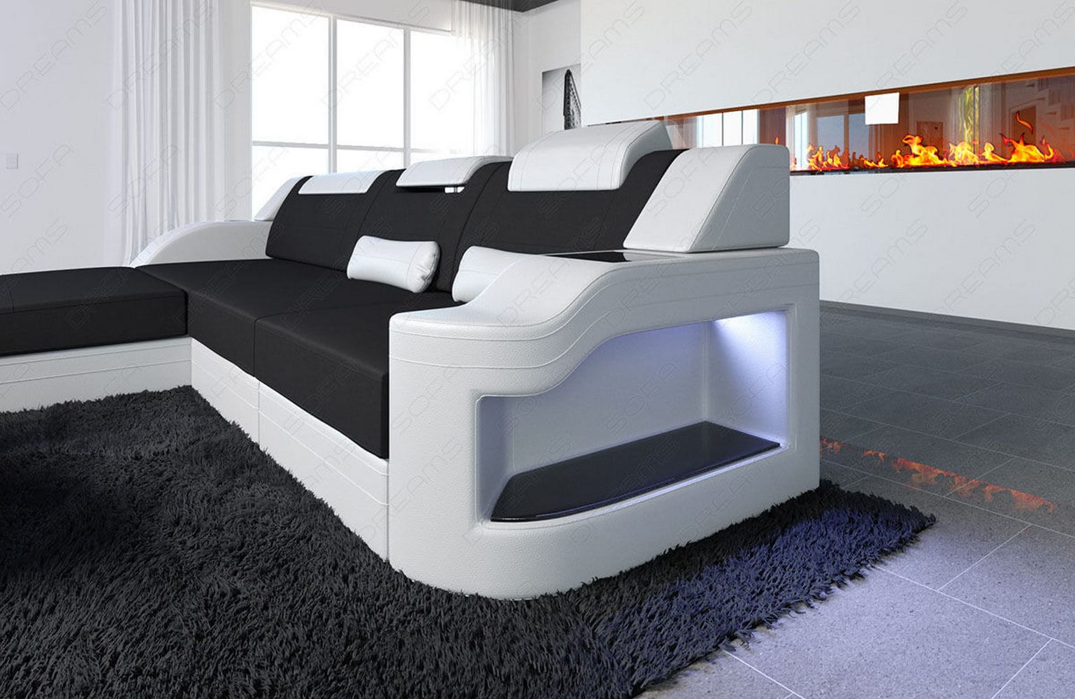 Stoffcouch Materialmix Palermo L-Form LED Schwarz-Weiß