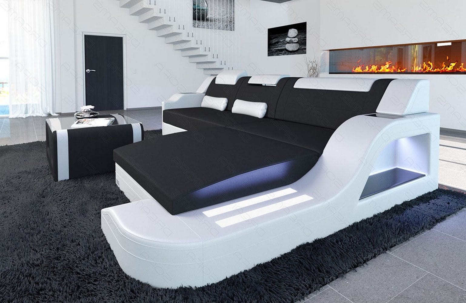 Stoffcouch Materialmix Palermo L-Form LED Schwarz-Weiß