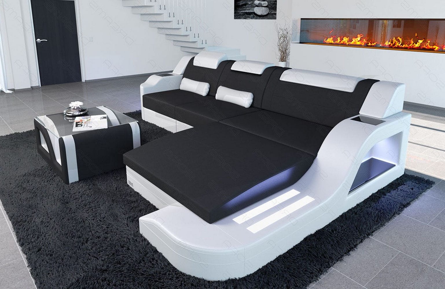 Stoffcouch Materialmix Palermo L-Form LED Schwarz-Weiß