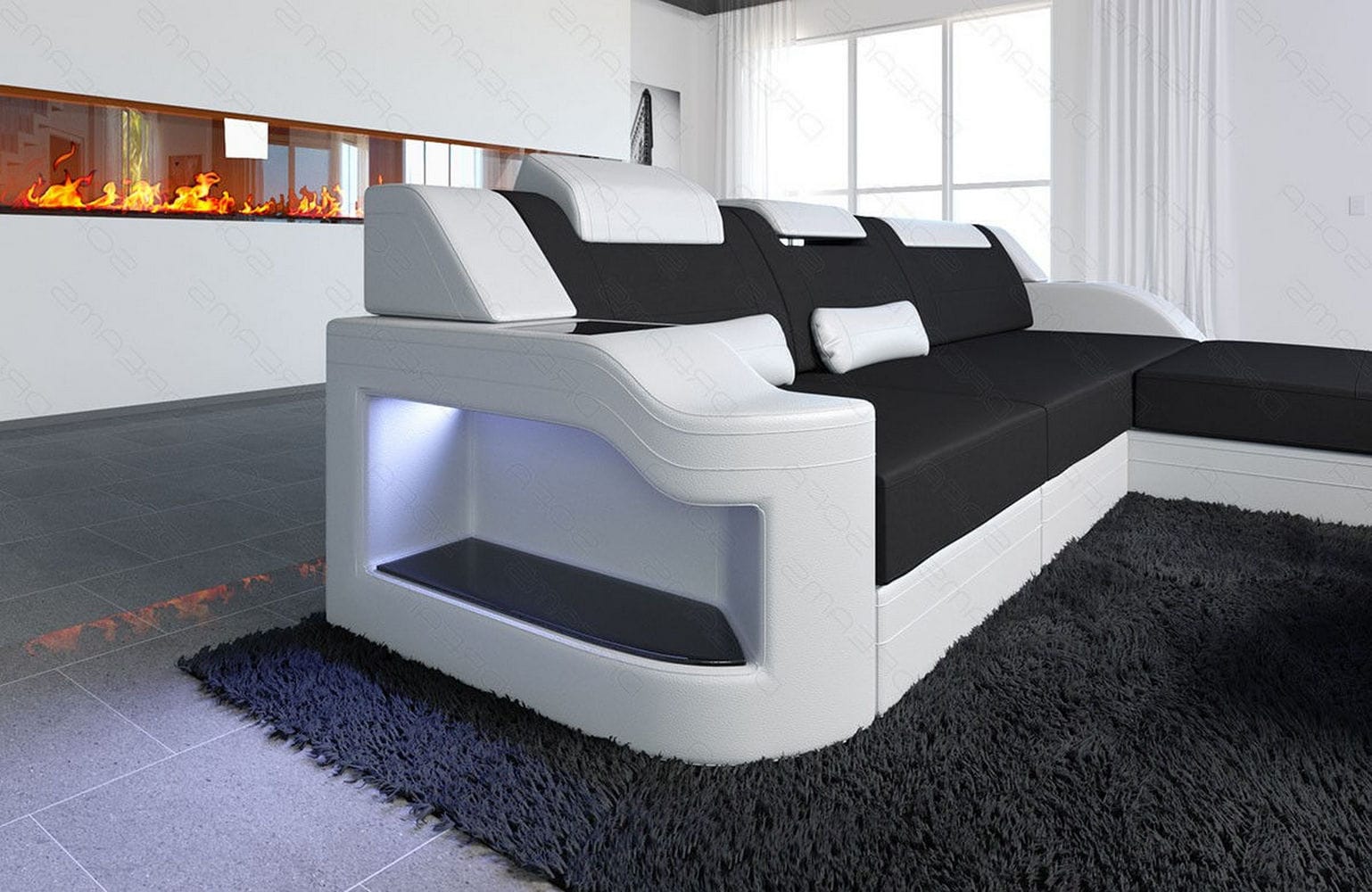 Stoffcouch Materialmix Palermo L-Form LED Schwarz-Weiß