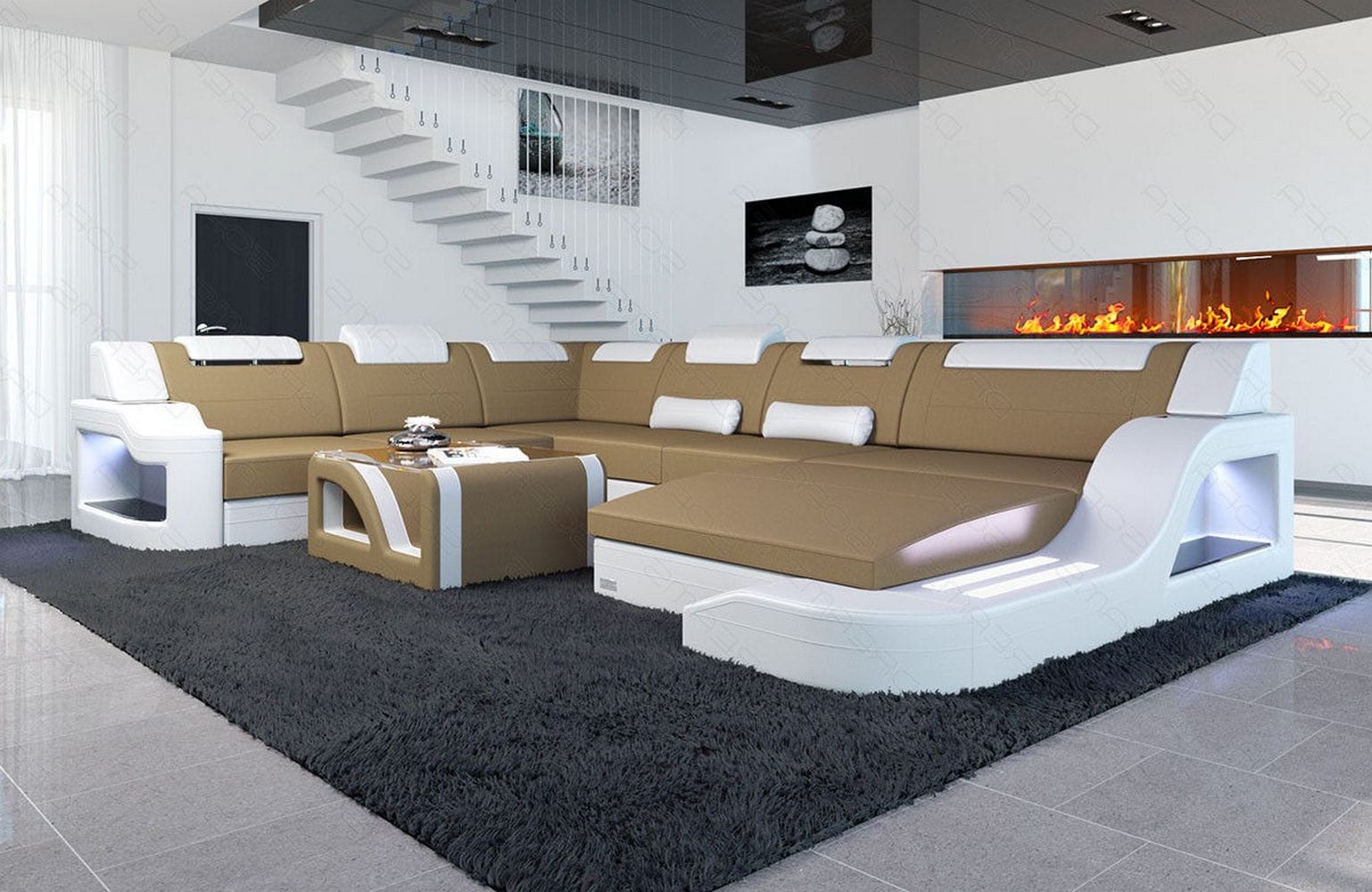 XXL Stoff Wohnlandschaft Palermo U-Form Cappuccino-Weiß