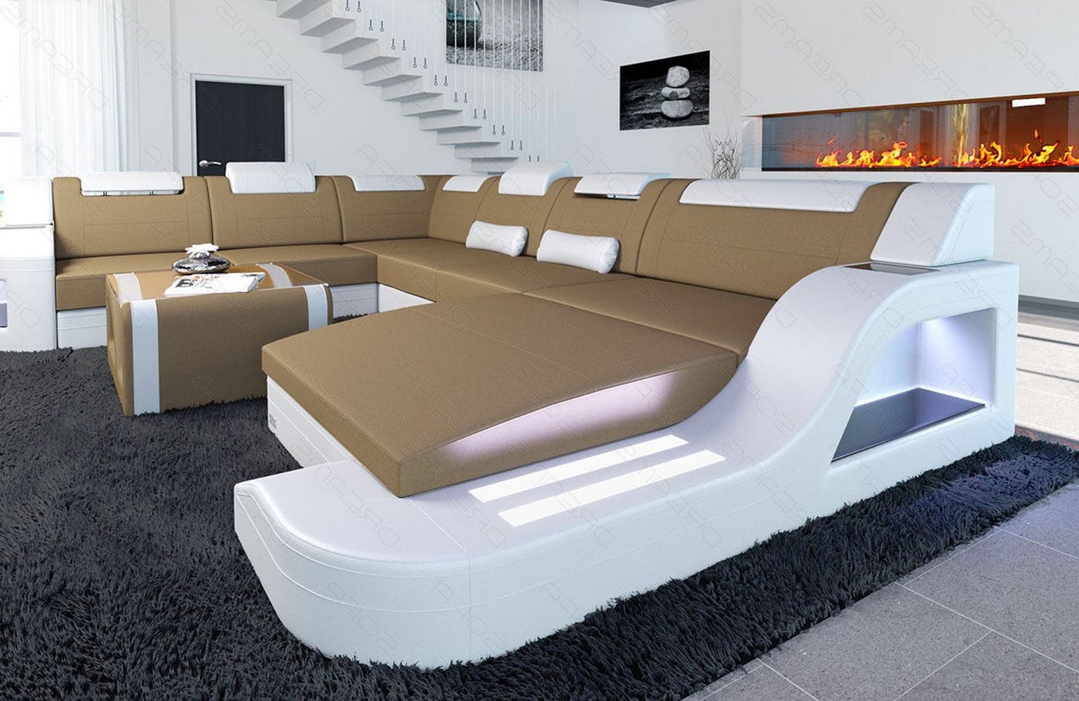 XXL Stoff Wohnlandschaft Palermo U-Form Cappuccino-Weiß