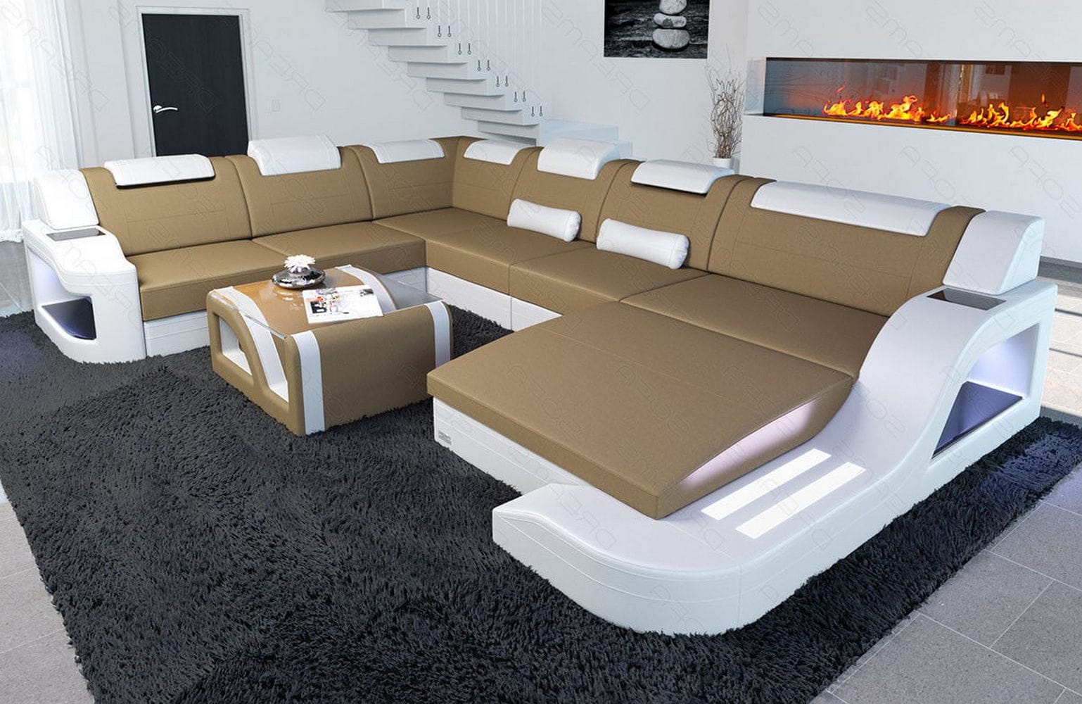 XXL Stoff Wohnlandschaft Palermo U-Form Cappuccino-Weiß
