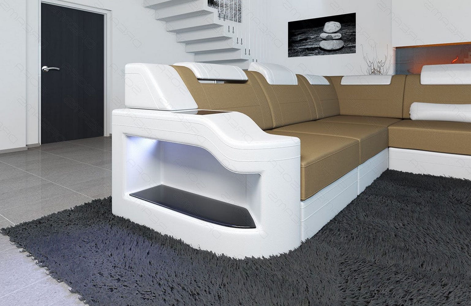 XXL Stoff Wohnlandschaft Palermo U-Form Cappuccino-Weiß