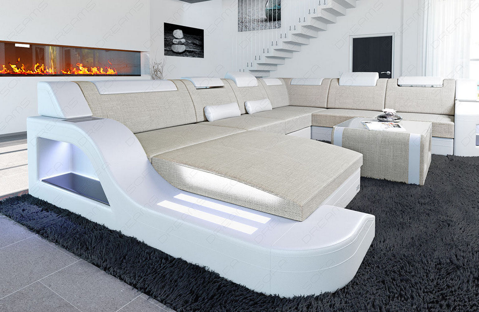 Designer Stoff-Wohnlandschaft Palermo XL LED Elfenbein-Weiß