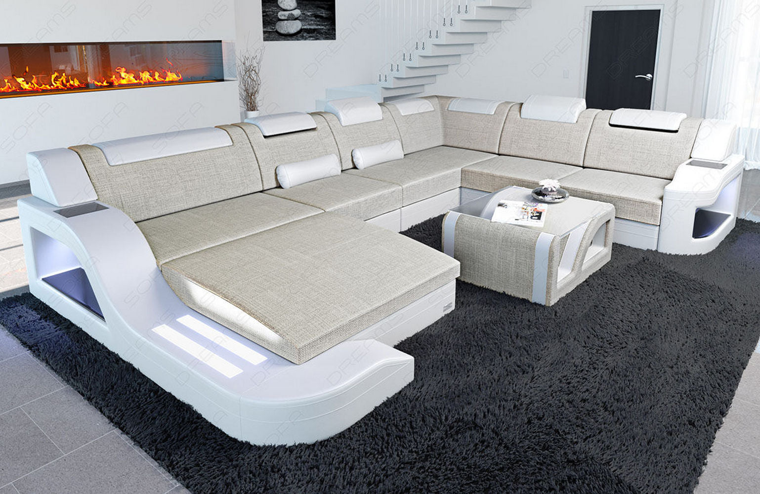 Designer Stoff-Wohnlandschaft Palermo XL LED Elfenbein-Weiß