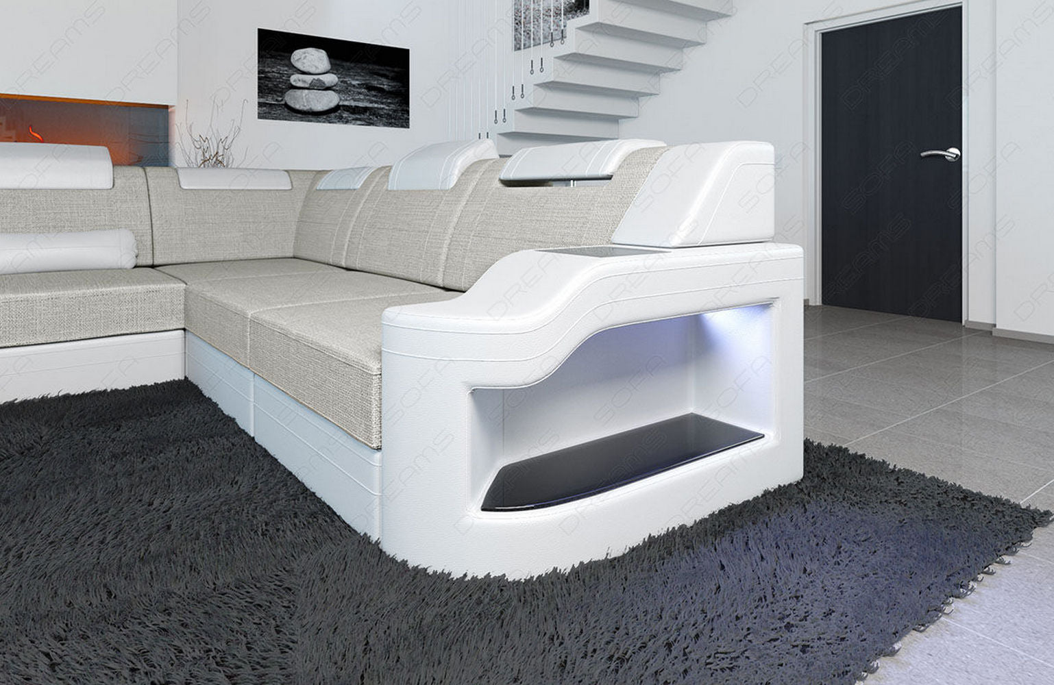 Designer Stoff-Wohnlandschaft Palermo XL LED Elfenbein-Weiß