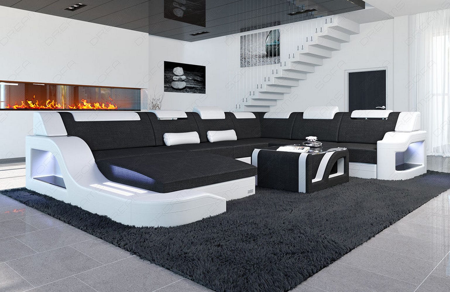XXL Stoff Wohnlandschaft Palermo U-Form Schwarz-Weiß