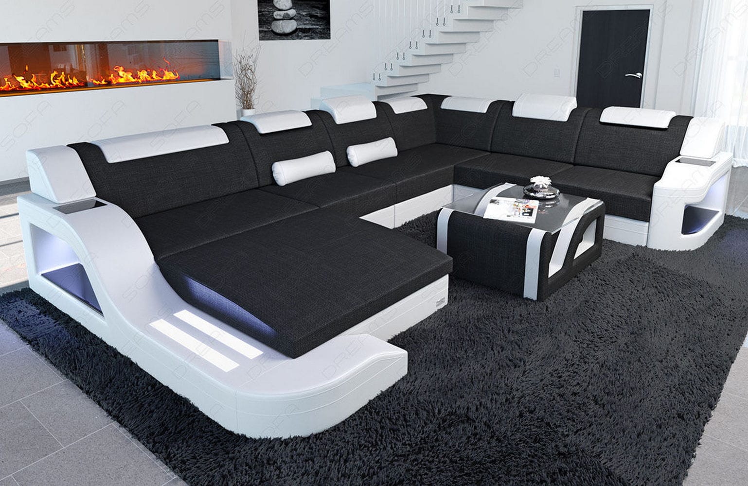 XXL Stoff Wohnlandschaft Palermo U-Form Schwarz-Weiß