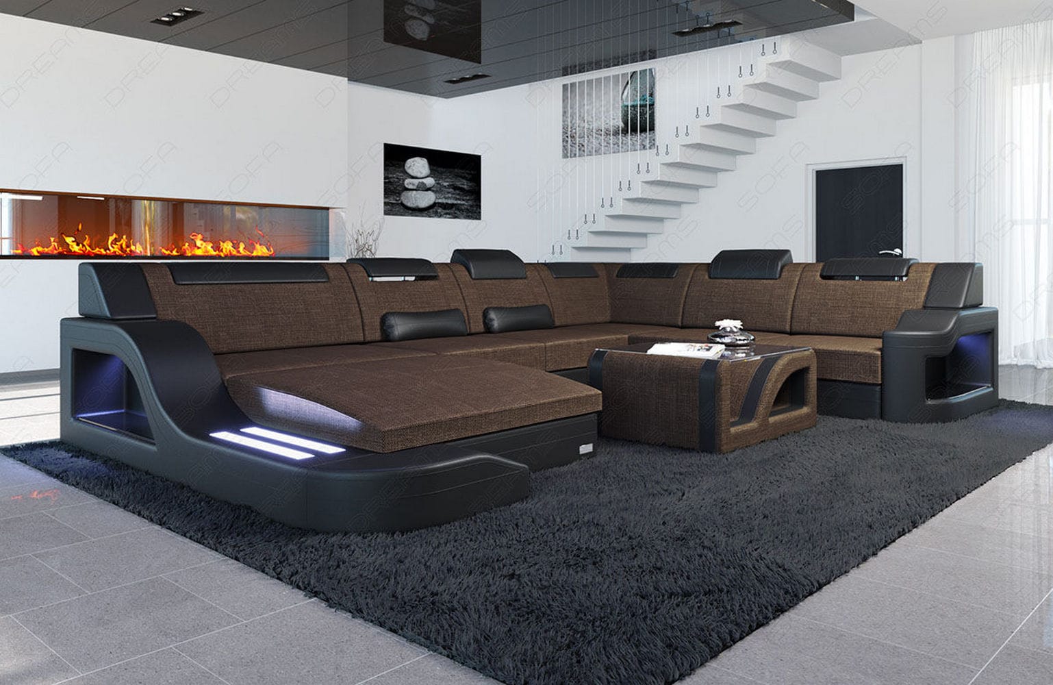 XXL Stoff Wohnlandschaft Palermo U-Form Braun-Schwarz