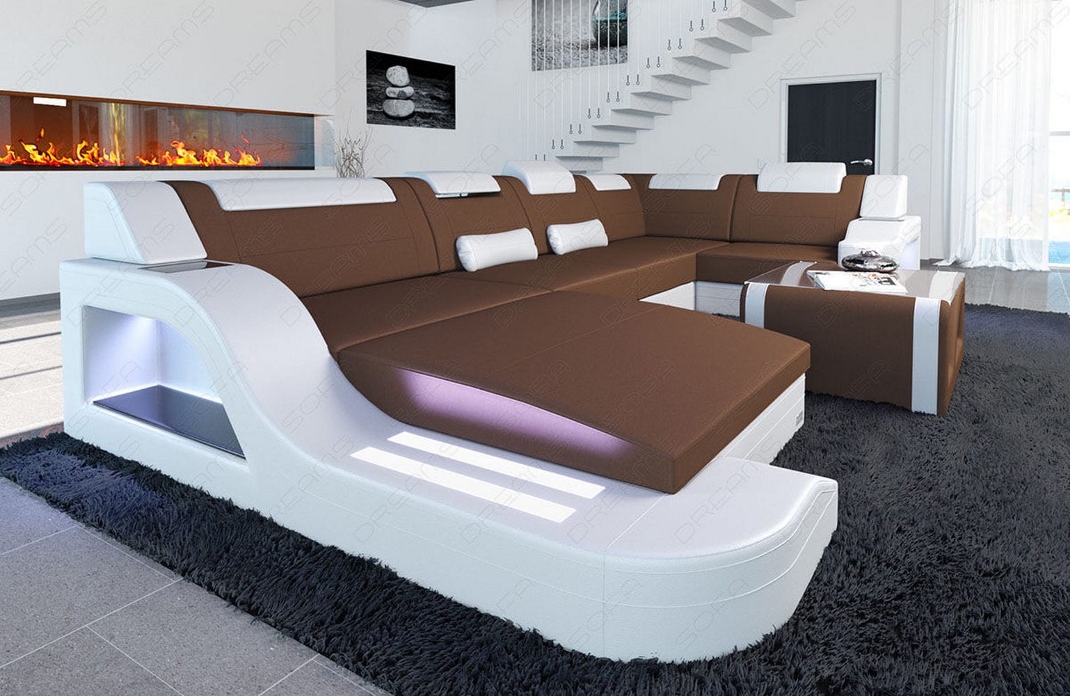 New Look Stoff-Wohnlandschaft Palermo LED Hellbraun-Weiß