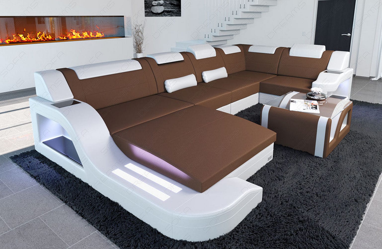 New Look Stoff-Wohnlandschaft Palermo LED Hellbraun-Weiß